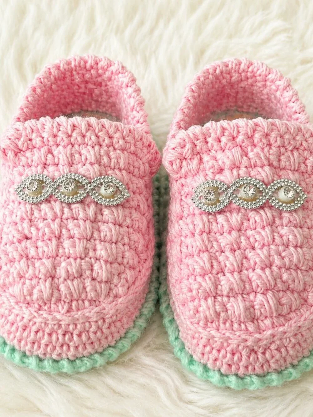 Handmade Crochet Baby Booties Pink Mint Soft Newborn Slippers 13cm